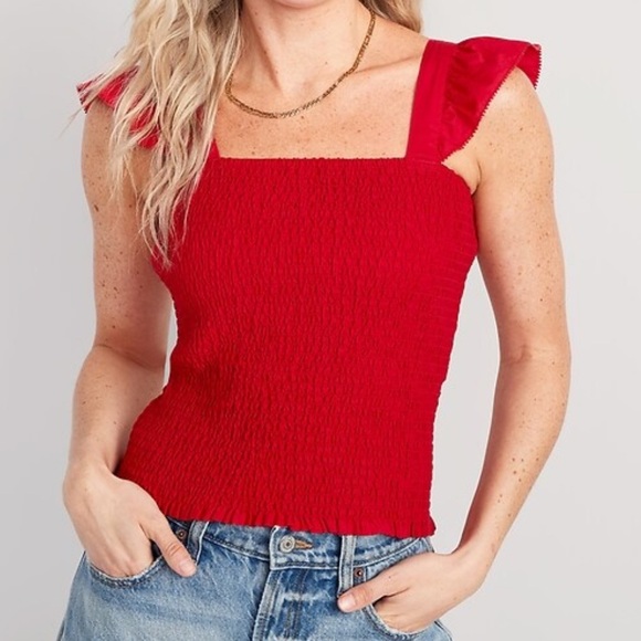 Old Navy Robbie Red Smocked Fitted Ruffle Blouse - Picture 1 of 6